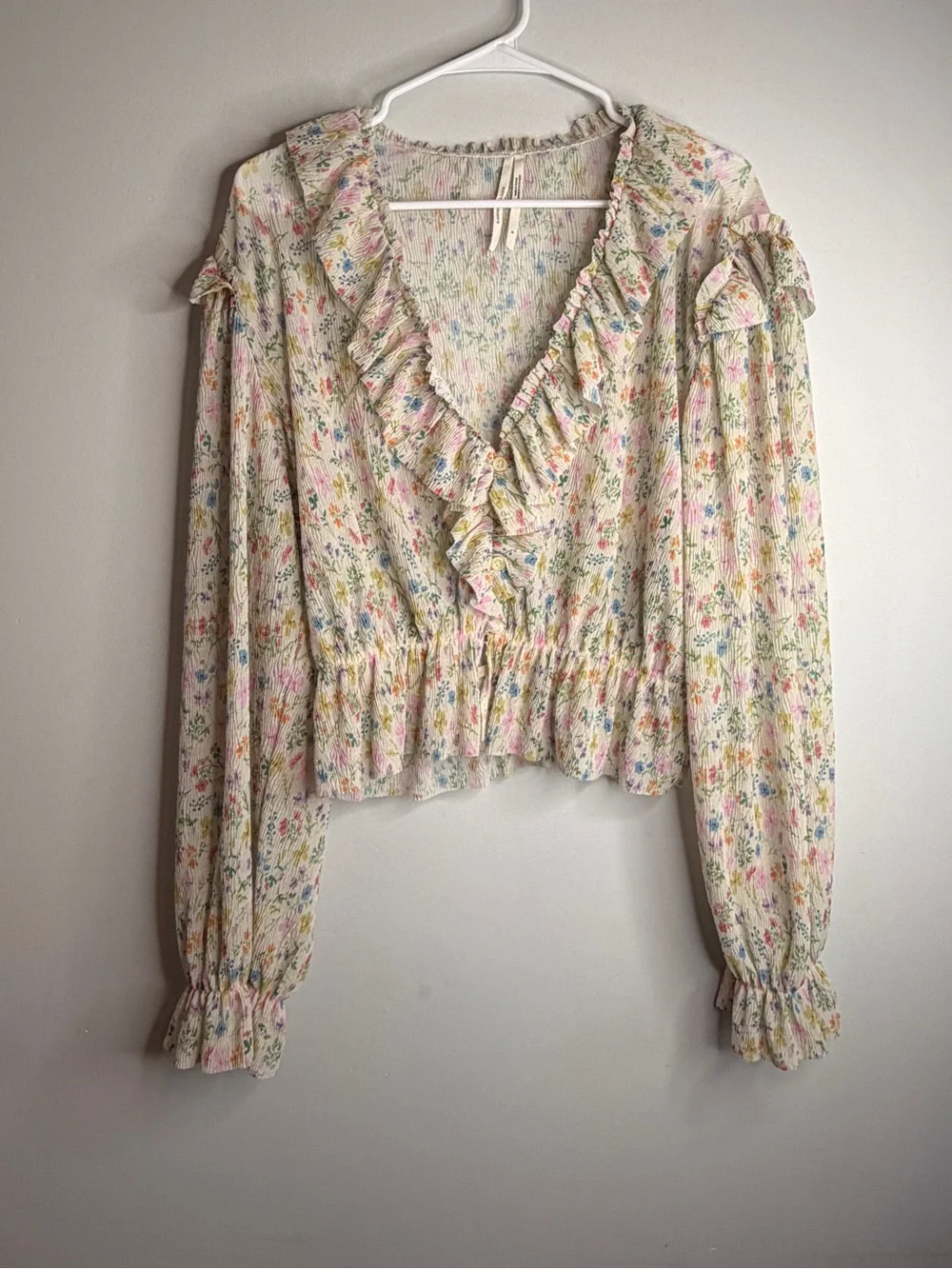 Anthropologie Cream Pastel Floral Ruffle V-Neck Blouse